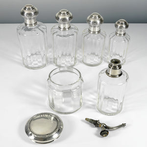 French Sterling Silver Glass Perfume Bottle Powder Jar Set Vanity Dresser Table