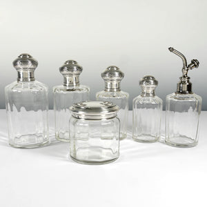 French Sterling Silver Glass Perfume Bottle Powder Jar Set Vanity Dresser Table