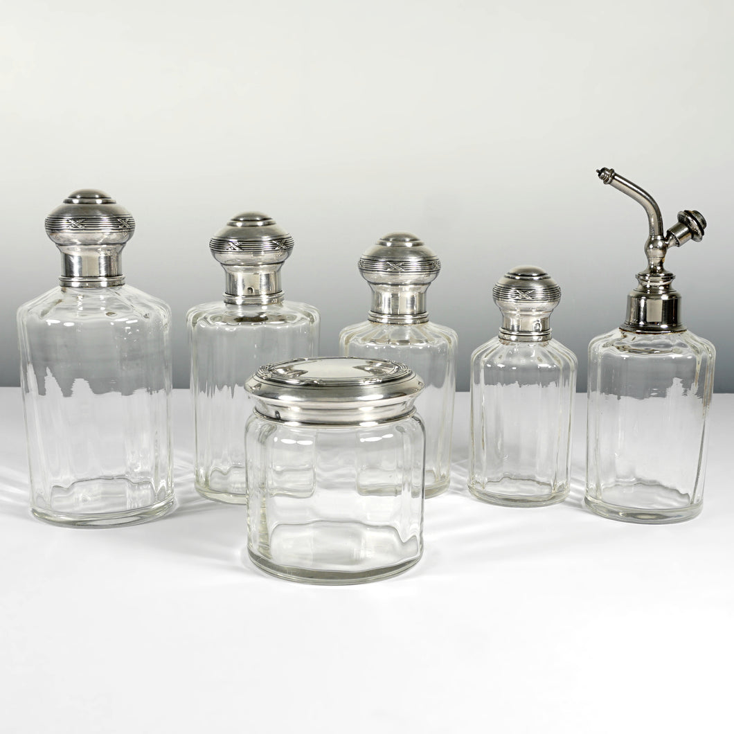 French Sterling Silver Glass Perfume Bottle Powder Jar Set Vanity Dresser Table