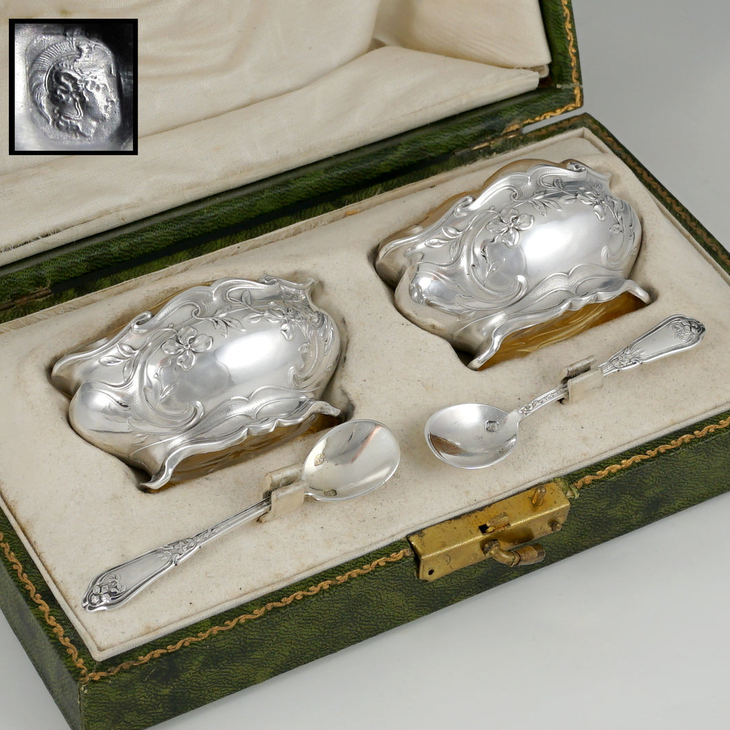 Pair Antique French Sterling Silver Salt Cellars, Spoons