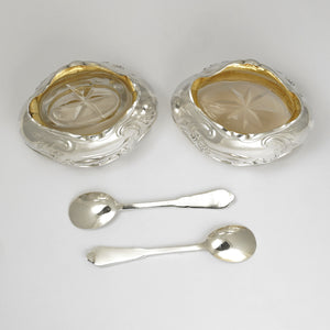 Pair Antique French Sterling Silver Salt Cellars, Spoons