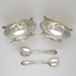 Pair Antique French Sterling Silver Salt Cellars, Spoons
