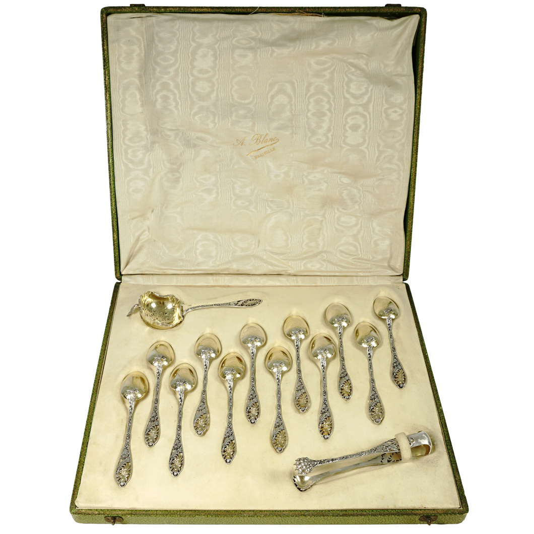 Art Nouveau French Sterling Silver Tea Spoons Set, Sugar Tongs, Strainer, Thistle, Poppies