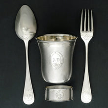 Load image into Gallery viewer, Antique French Sterling Silver 4pc Flatware, Tumbler Cup, Napkin Ring, Boxed Gift Set
