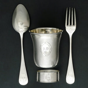Antique French Sterling Silver 4pc Flatware, Tumbler Cup, Napkin Ring, Boxed Gift Set