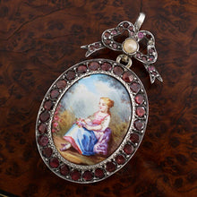 Load image into Gallery viewer, Victorian Enamel Miniature Portrait French Silver Locket Pendant Garnets, Pearl
