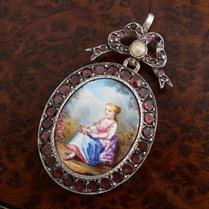 Victorian Enamel Miniature Portrait French Silver Locket Pendant Garnets, Pearl
