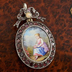 Victorian Enamel Miniature Portrait French Silver Locket Pendant Garnets, Pearl