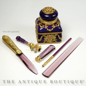 Antique French Letter Opener, Purple Glass, Ormolu Handle