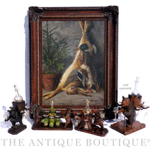 Load image into Gallery viewer, Antique Black Forest Carved Wood Liquor Tantalus Pair of Twin Bears Hand Painted Raised Enamel Decanter &amp; Cordial Glasses Set
