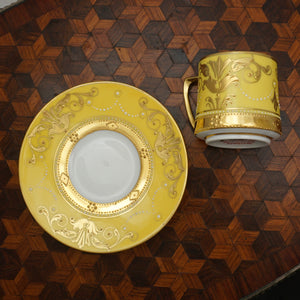 Antique German Fraureuth Porcelain Cup Saucer Demitasse Raised Gold Enamel Yellow