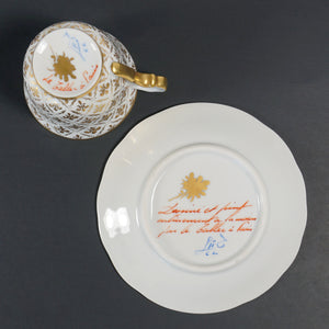 French Le Tallec Paris Porcelain Cup Saucer Demitasse Raised Gold Fleur de Lis Pattern
