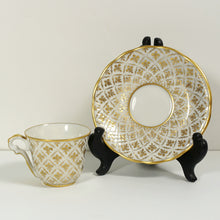 Load image into Gallery viewer, French Le Tallec Paris Porcelain Cup Saucer Demitasse Raised Gold Fleur de Lis Pattern
