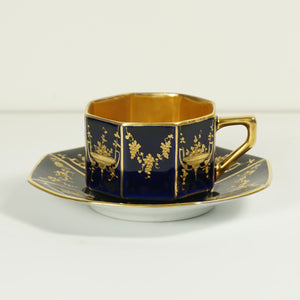Art Deco Rosenthal German Porcelain Cup Saucer Demitasse Raised Gold Encrusted Enamel Cobalt Blue