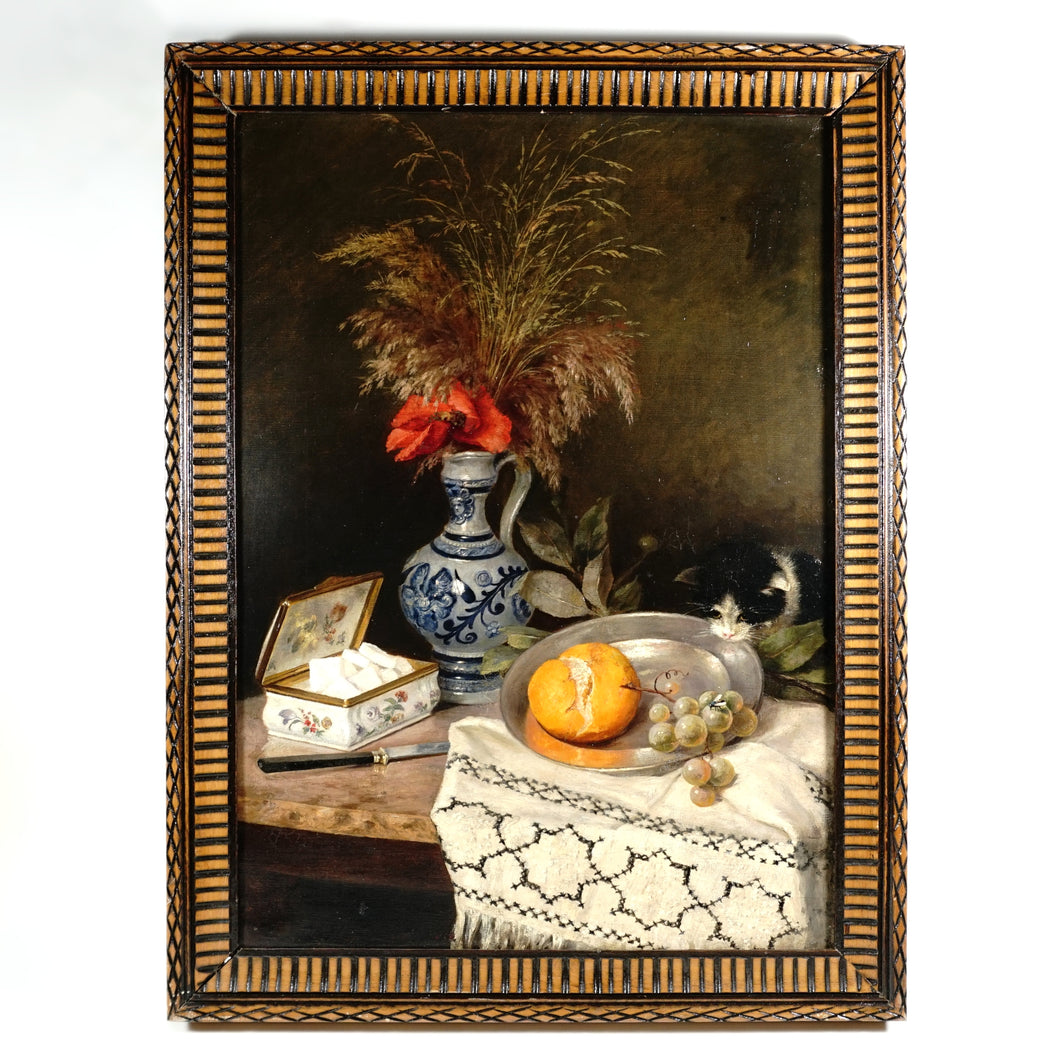 Still Life Portrait Cat and Fruit, 19thc German Oil Painting Signed