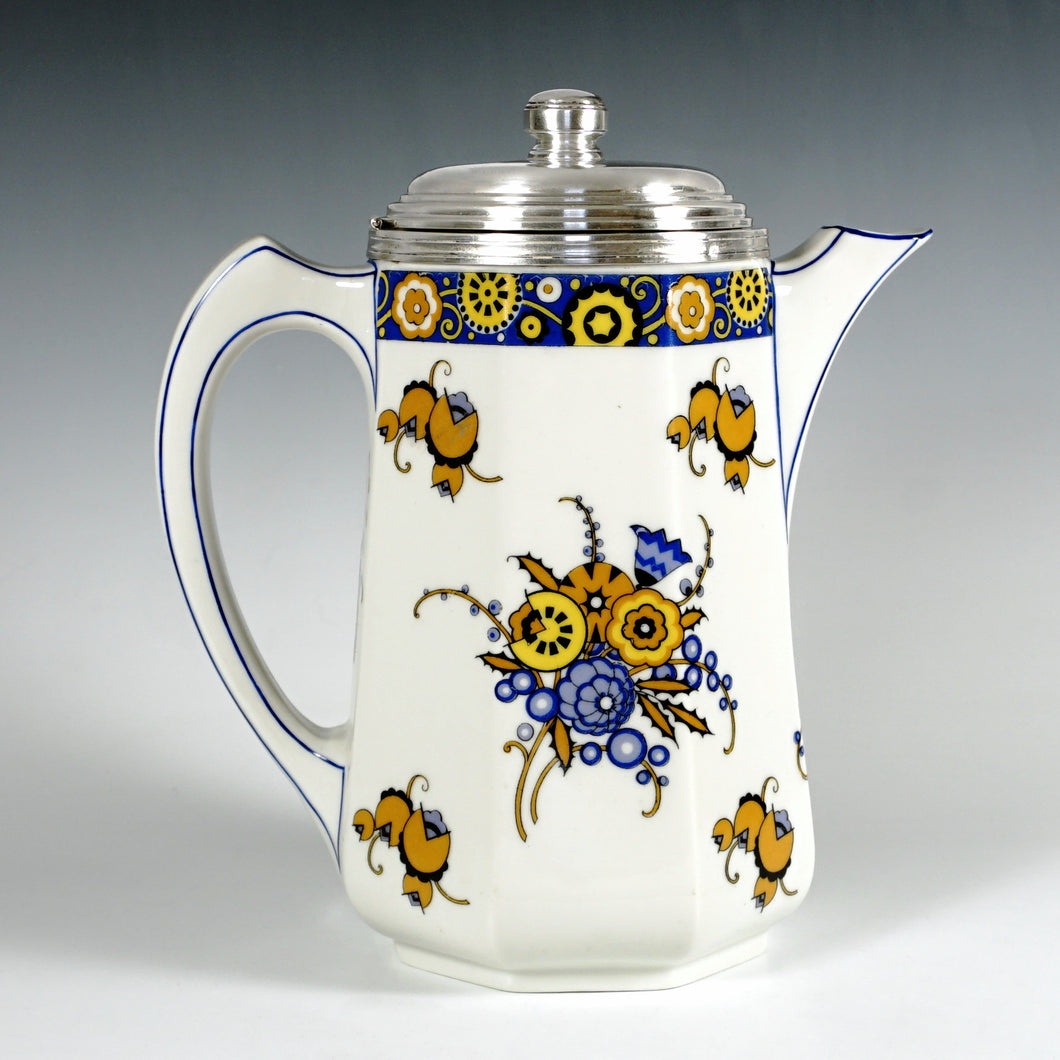 Art Deco French Limoges Porcelain Tetard Freres Silver Mounted Coffee Pot