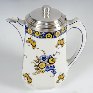 Art Deco French Limoges Porcelain Tetard Freres Silver Mounted Coffee Pot
