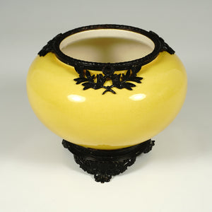 Antique French Sevres Optat Milet Ceramic Rose Bowl Vase, Yellow Glaze, Blackened Bronze