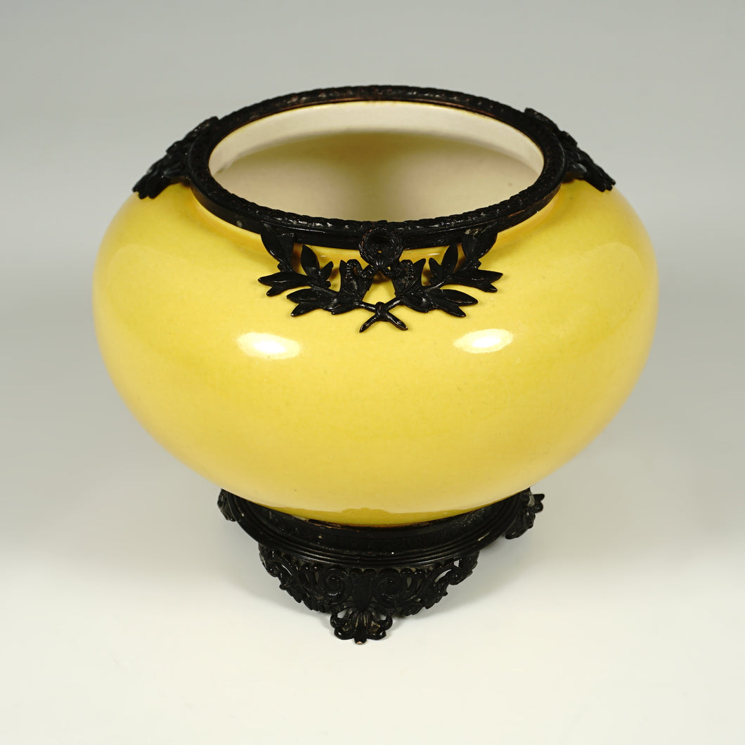 Antique French Sevres Optat Milet Ceramic Rose Bowl Vase, Yellow Glaze, Blackened Bronze