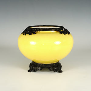 Antique French Sevres Optat Milet Ceramic Rose Bowl Vase, Yellow Glaze, Blackened Bronze