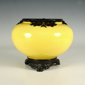 Antique French Sevres Optat Milet Ceramic Rose Bowl Vase, Yellow Glaze, Blackened Bronze