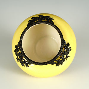 Antique French Sevres Optat Milet Ceramic Rose Bowl Vase, Yellow Glaze, Blackened Bronze