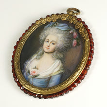 Load image into Gallery viewer, Antique French Miniature Portrait Painting, Gilt Bronze &amp; Garnet Jeweled Frame
