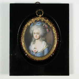 Antique French Miniature Portrait Painting, Gilt Bronze & Garnet Jeweled Frame