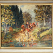 Load image into Gallery viewer, Willy P. Ahrweiler (1905–1987) Oil Painting of a Fox Hunt, Horses and Hounds
