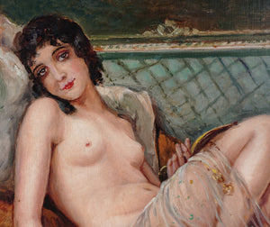 Portrait of Reclining Nude French School Oil Painting Art Deco