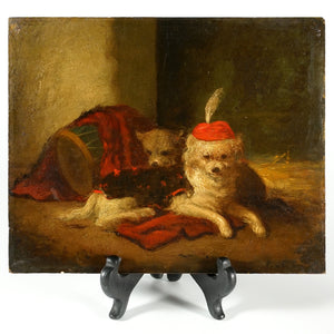 Antique 19thc Costumed Dogs Oil Painting on Wood