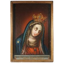 Load image into Gallery viewer, Antique 19c Portrait of Virgin Mary, Crowned Mother of Mercy, Religious Oil Painting
