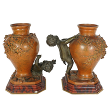 Load image into Gallery viewer, PAIR Antique French Bronze &amp; Marble Vases, Putti Figures, Signed Auguste Moreau
