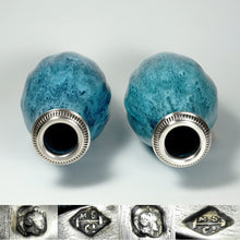 Load image into Gallery viewer, Pair Antique French Sterling Silver Mounted Vases Blue Flambe Glazed Pottery
