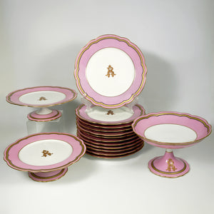 Antique French Old Paris Porcelain Pompadour Pink 15pc Dessert Service Hand Painted Gilt Plates Set