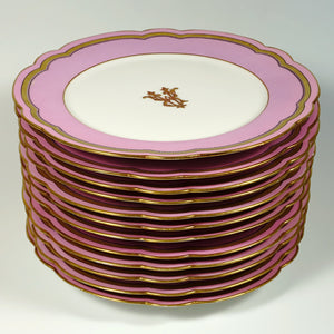 Antique French Old Paris Porcelain Pompadour Pink 15pc Dessert Service Hand Painted Gilt Plates Set