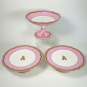 Antique French Old Paris Porcelain Pompadour Pink 15pc Dessert Service Hand Painted Gilt Plates Set