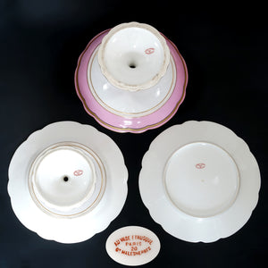 Antique French Old Paris Porcelain Pompadour Pink 15pc Dessert Service Hand Painted Gilt Plates Set