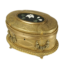 Load image into Gallery viewer, Antique Pietra Dura Stone Inlay Gilt Bronze Jewelry Casket Box

