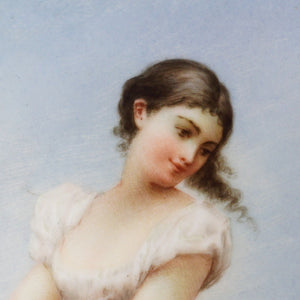 Antique French Porcelain Portrait Plaque Love's Menu, Maiden Lady with Cherubs Putti