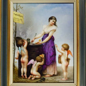 Antique French Porcelain Portrait Plaque Love's Menu, Maiden Lady with Cherubs Putti
