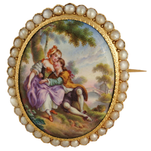 Load image into Gallery viewer, Antique Victorian 14K Yellow Gold Brooch Enamel Miniature Portrait, Baroque Pearls
