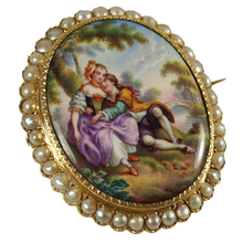 Load image into Gallery viewer, Antique Victorian 14K Yellow Gold Brooch Enamel Miniature Portrait, Baroque Pearls
