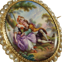 Load image into Gallery viewer, Antique Victorian 14K Yellow Gold Brooch Enamel Miniature Portrait, Baroque Pearls
