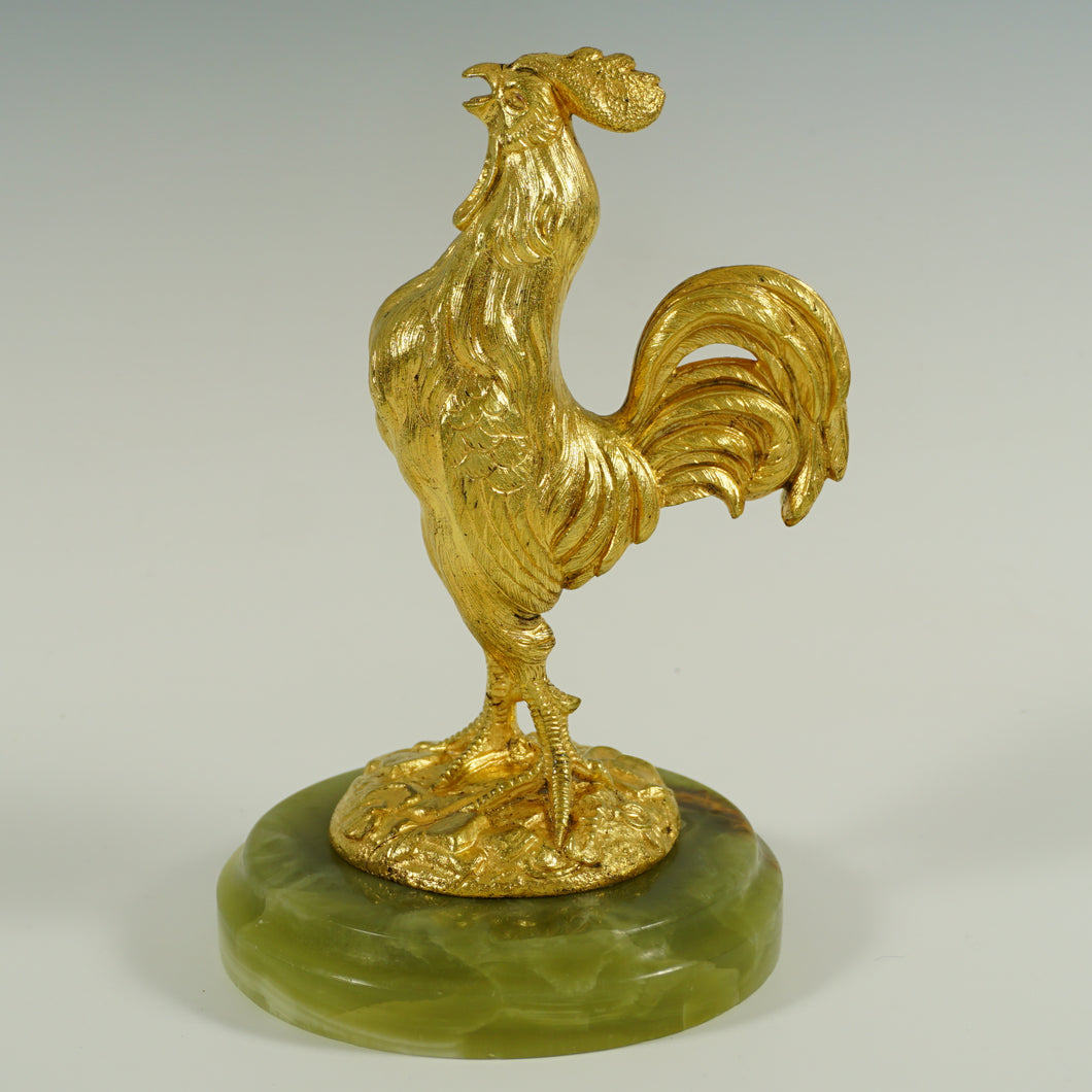 Signed Antique French Gilt Bronze Rooster Sculpture, Animalier Figure, Marble Base