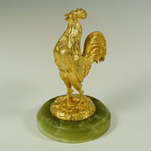 Signed Antique French Gilt Bronze Rooster Sculpture, Animalier Figure, Marble Base