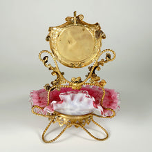 Load image into Gallery viewer, Antique Victorian Cranberry Spangle Art Glass Trinket Dish Ormolu Pocket Watch Display Stand
