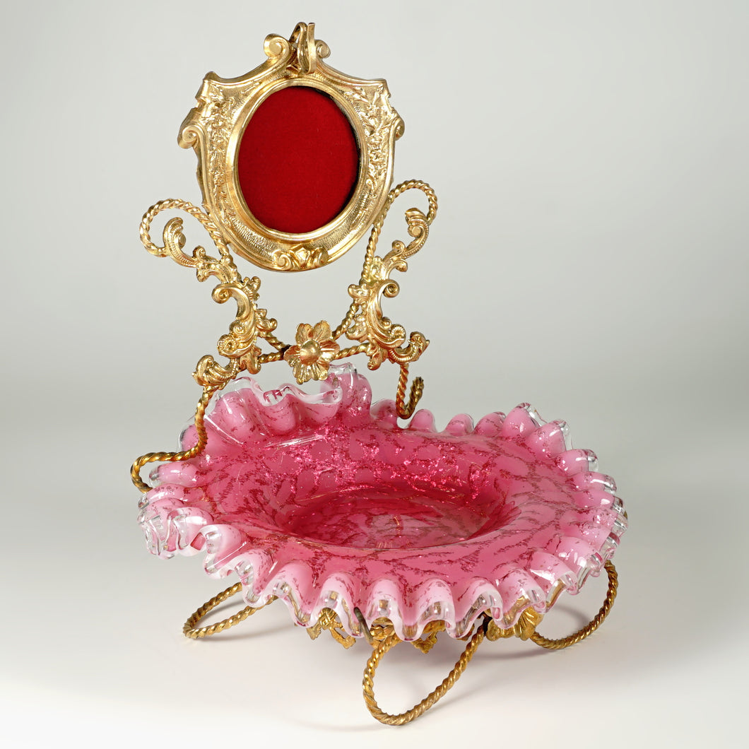 Antique Victorian Cranberry Spangle Art Glass Trinket Dish Ormolu Pocket Watch Display Stand