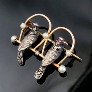 Antique Victorian 18K Rose Gold & Silver French Bird Brooch, Diamonds & Pearls, Ruby Eyes