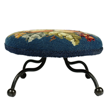 Load image into Gallery viewer, Vintage Wool Needlepoint Footstool Fruit Botanical Iron Feet
